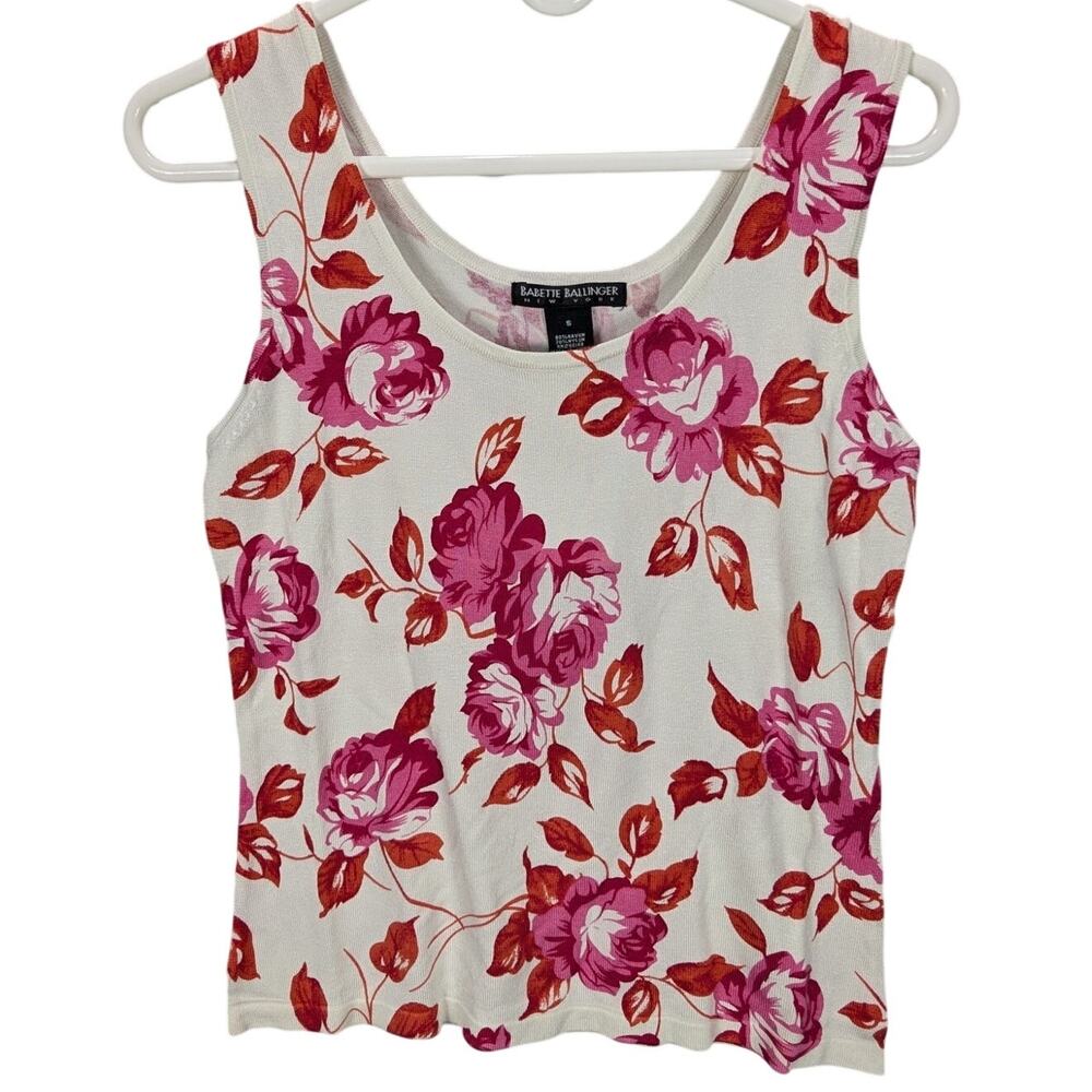 Babette Ballinger New York Tank Top Womens Small White Floral Ribbed Boho Preppy